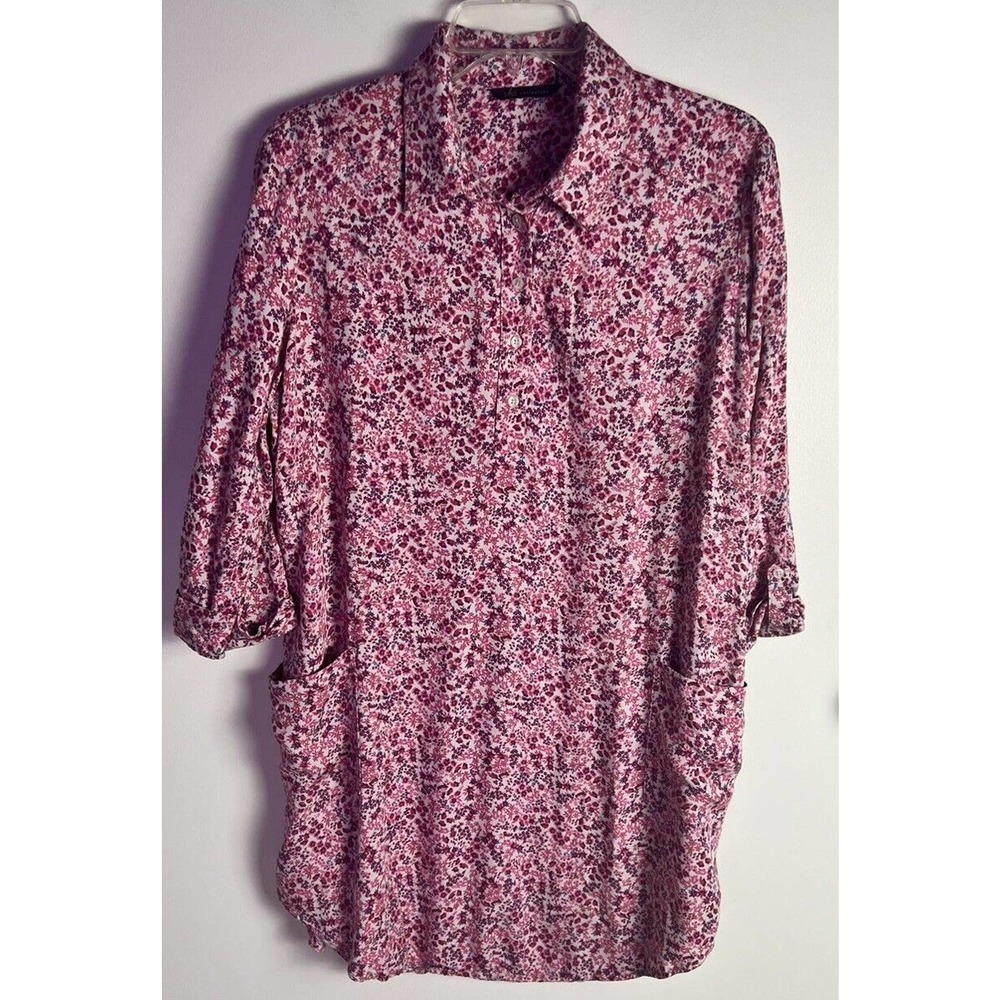 M & S Collection Floral Knee Length Shirt‎ Dress Roll Tab Sleeve Sz 16 US L